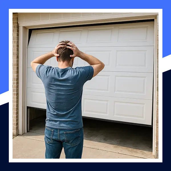 Man upset over broken garage door stuck halfway