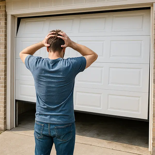 Man upset over broken garage door stuck halfway
