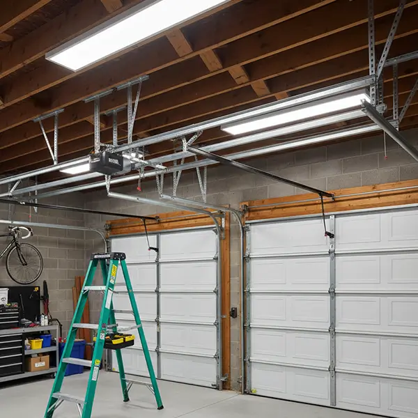Close-up view of a garage door metal track system