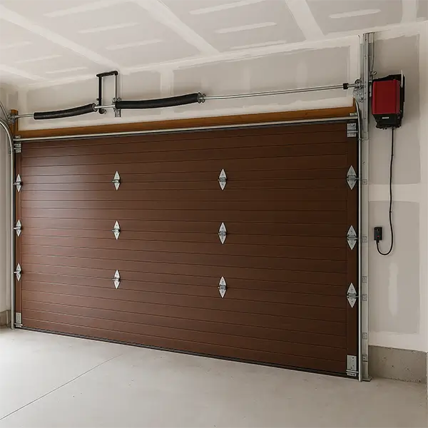 Brown sectional wooden garage door with side opener in garage