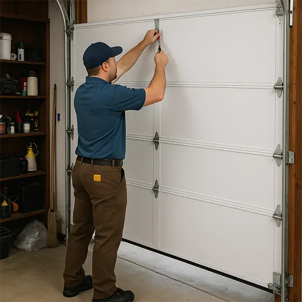 Garage door technician replacing a white sectional panel inside a residential garage