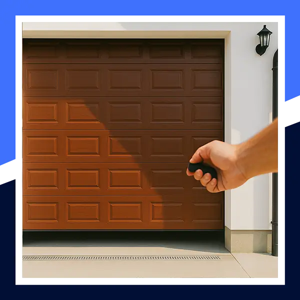 Hand pressing remote to open brown garage door