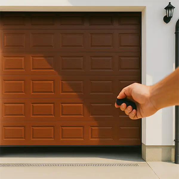 Hand using remote to open brown garage door