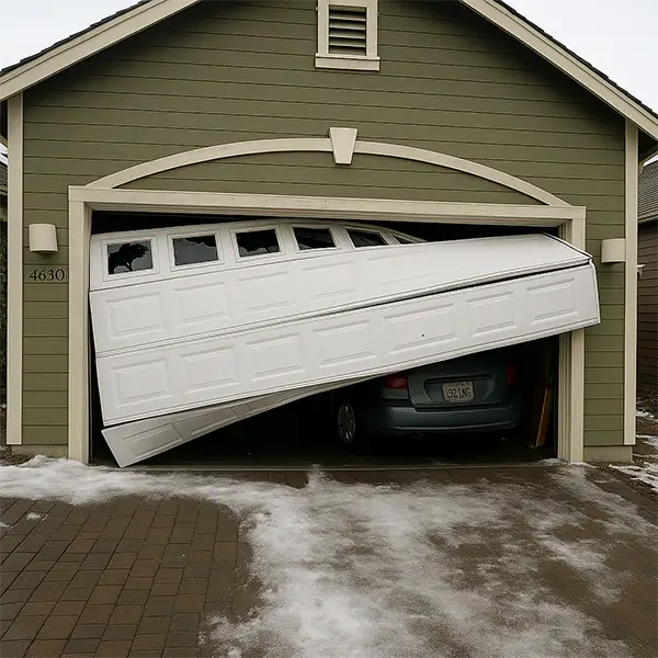 Broken white garage door off track with car inside